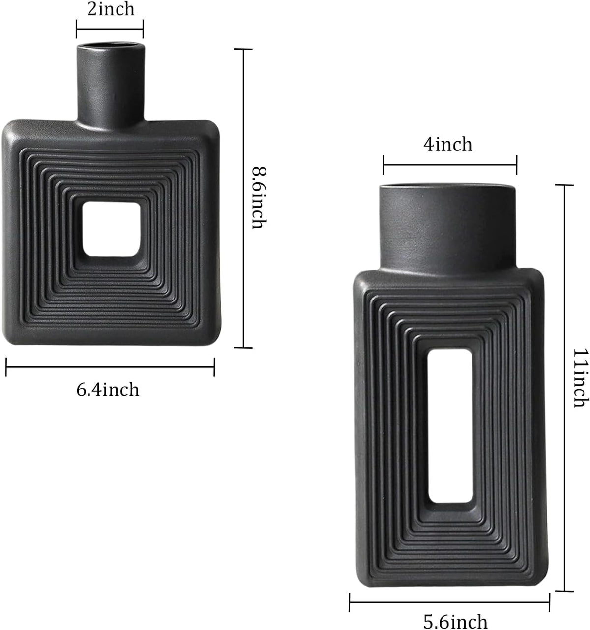 Black Ceramic Vase Set of 2，Square Vase Rustic Home Decor Minimalist Nordic Boho Style for Living Room, Shelf, Table, Bookshelf, Mantel and Entryway Decor Vases