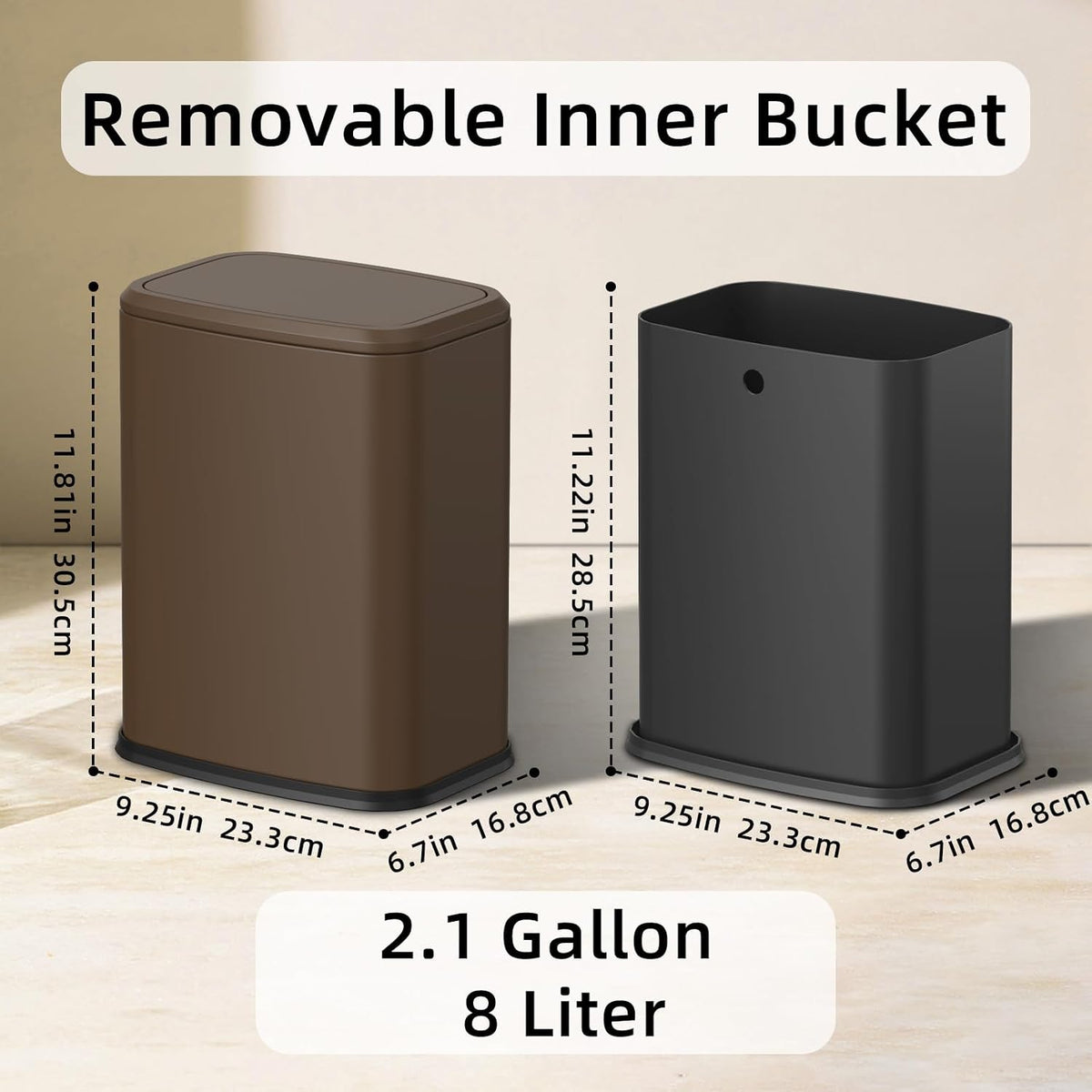8L/2.1 Gallon Small Bathroom Trash Can with Lid, Swing-Top Rectangular Waste Bin, Stainless Steel Garbage Can for Home, Office, Toilet, Bedroom, Living-Room (Brown)
