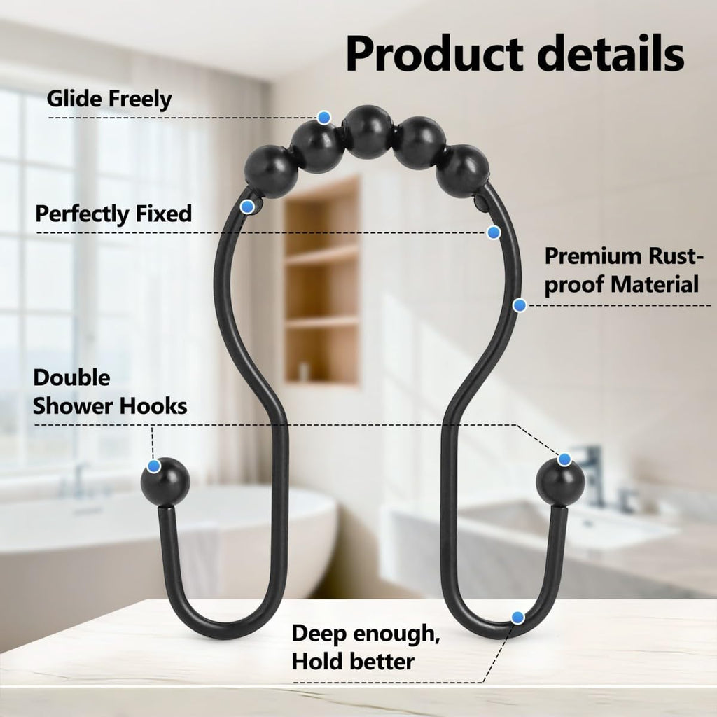 Resze 12PCS Shower Curtain Hooks, Sturdy Metal Shower Curtain Rings(Black)