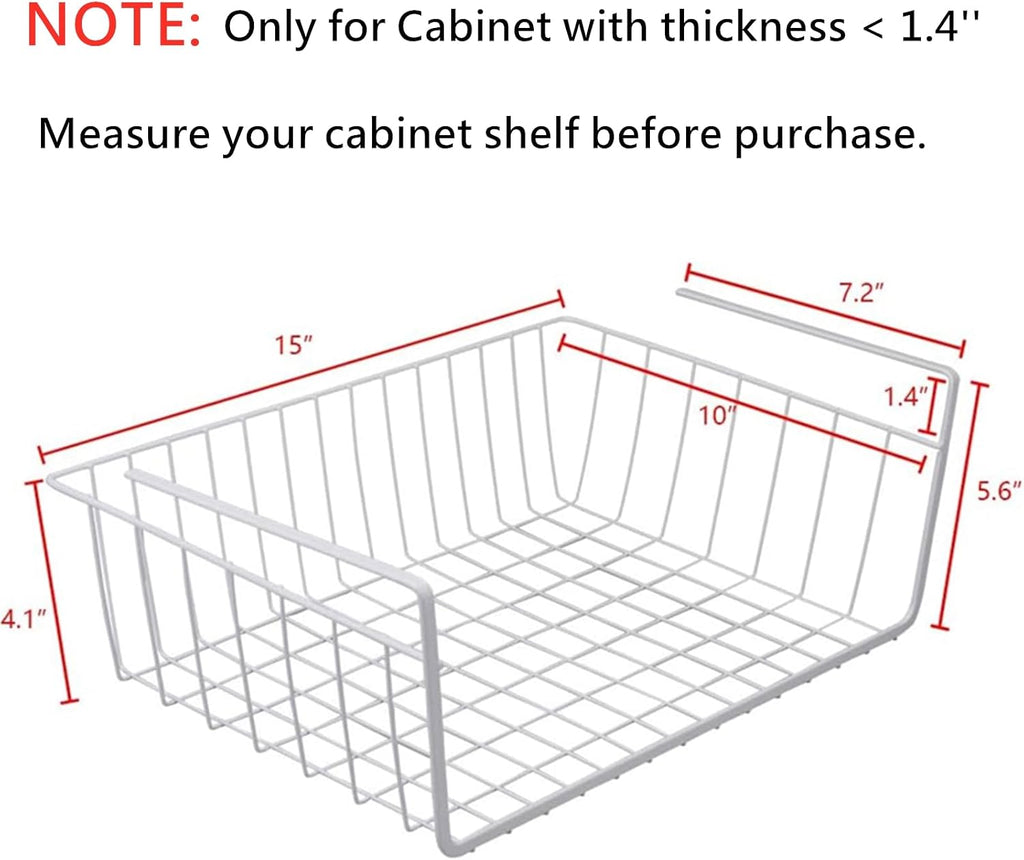 Tebery 2 Pack White Under Shelf Wire Basket Hanging Storage Baskets, Under Cabinet Add-on Storage Racks Slide-in Baskets Organizer for Kitchen Pantry Desk Bookshelf