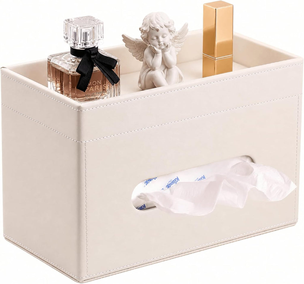 LAMOTI Tissue Box Cover Rectangular with Storage, PU Leather Tissue Holder