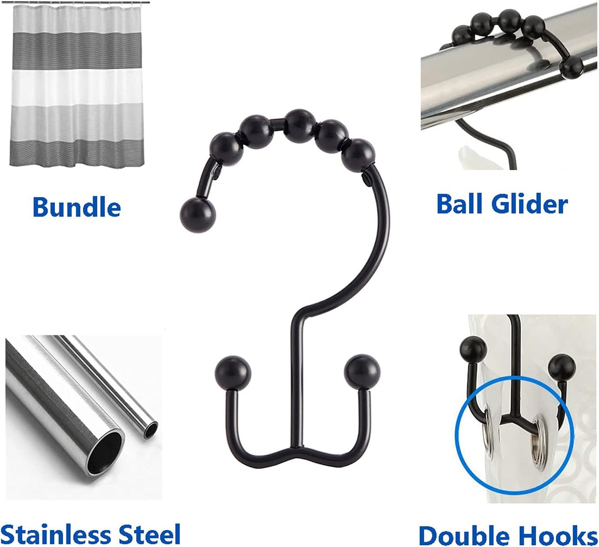 Shower Curtain Hooks Rings, Stainless Steel Double Glide Rollers Extra Wide Shower Curtain Rods Hooks for Bathroom, Set of 18 Hooks - Matte Black