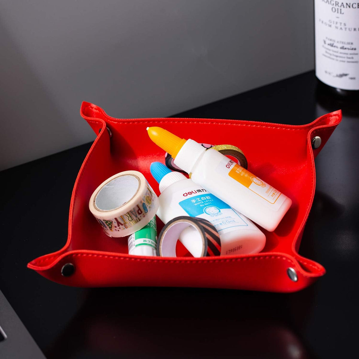 Leather Jewelry Valet Tray for Women and Man (Red-B)