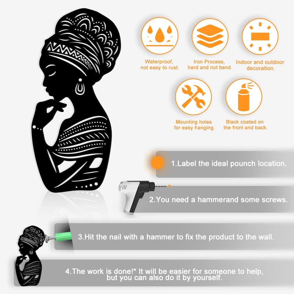 NBEADS Africa Woman Art Wall Decor, 11x5inch Iron Modern Wall Decor Female Home Hanging Drawing Wall Art Metal Wall Sculptures for Bedroom Living Room Black