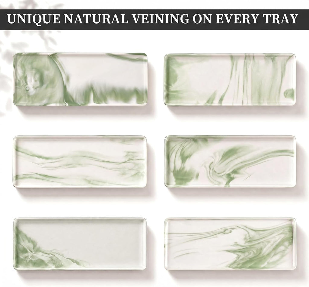 8″ x 3.7″ Inch Ceramic Vanity Tray, Decorative Rectangular Organizer for Bathroom Countertop, Dresser Top, Kitchen & Bathtub, for Soap, Perfume, Candle, Jewelry & Cosmetics (Marble-Green)