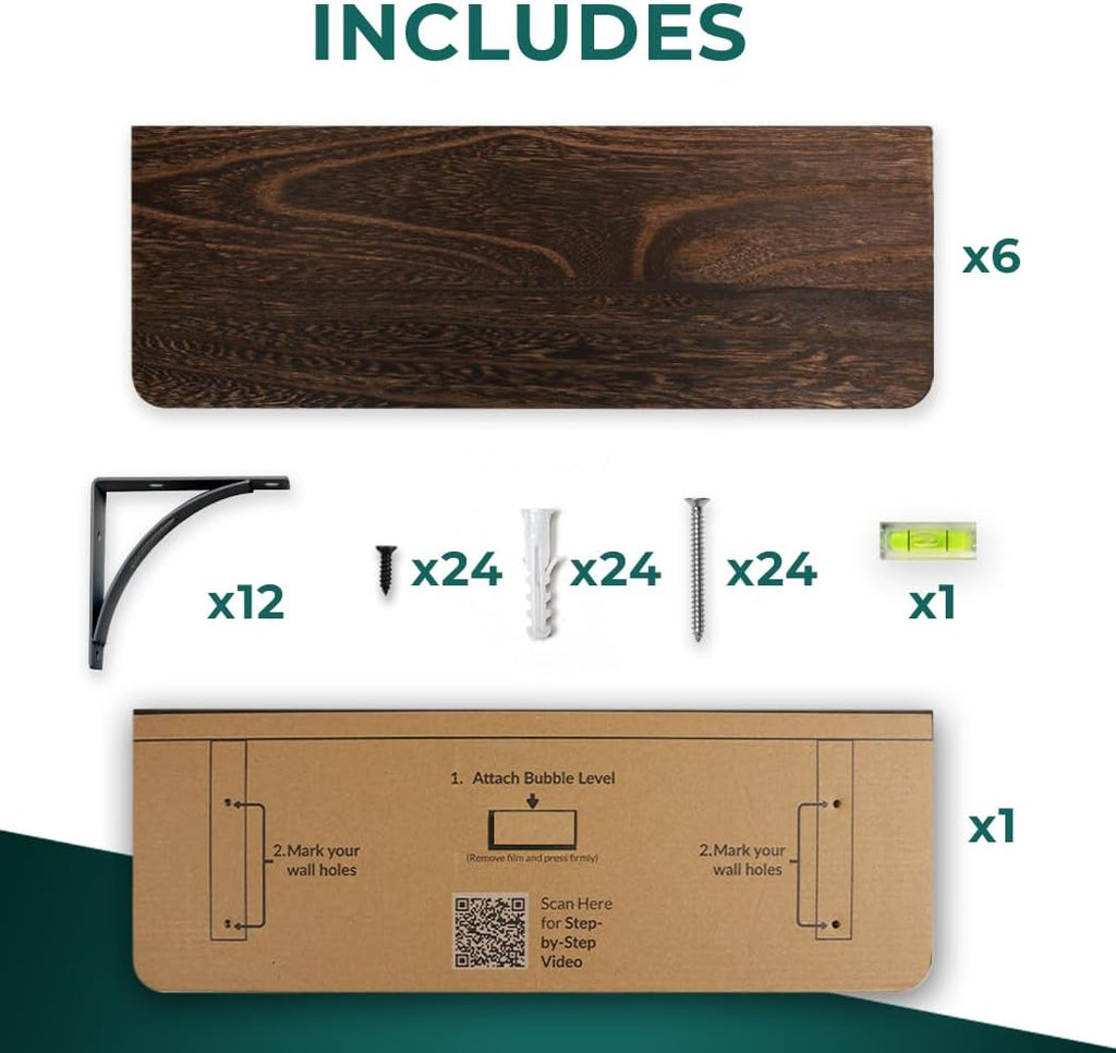 Willowy Reinforced Steel Bracket Rustic Brown Shelf - Easy to Install, Template and Video Included - Rustic Shelves for Wall, Bathroom Storage Shelves