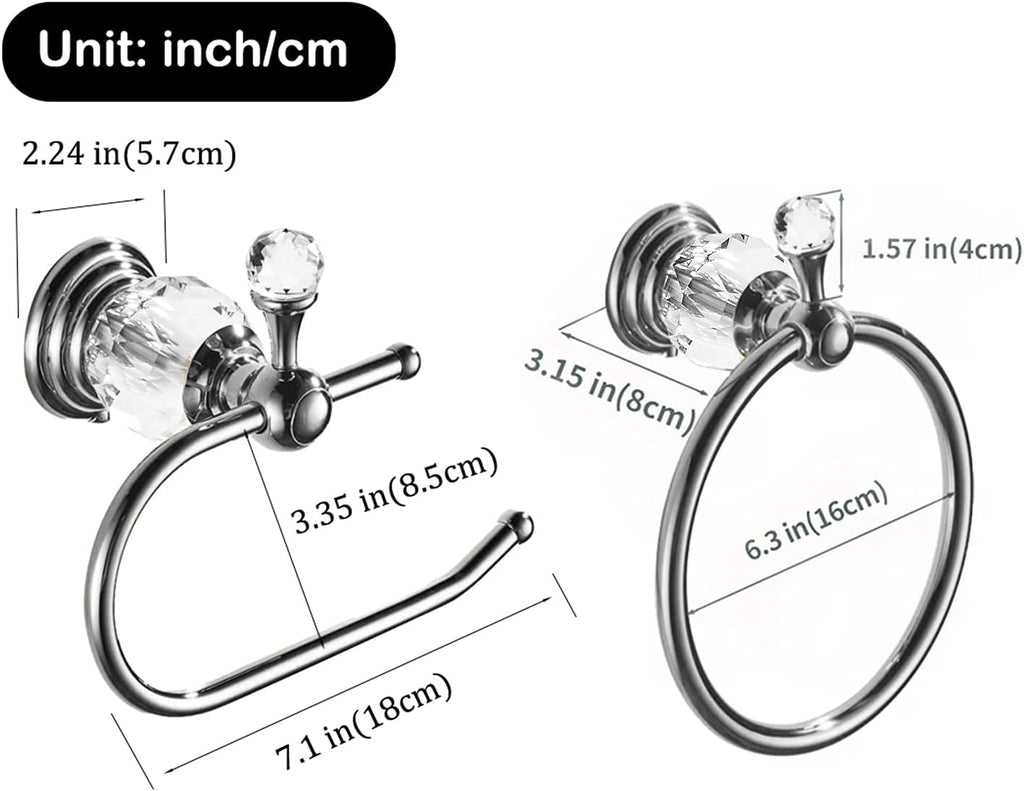 WOLIBEER Crystal Towel Hook, Chrome Towel Ring Toilet Paper Holder Hand Towel Holder Tissue Roll Paper Holder Towel Hanger Silver Bathroom Accessories 2 Pieces Wall Mounted