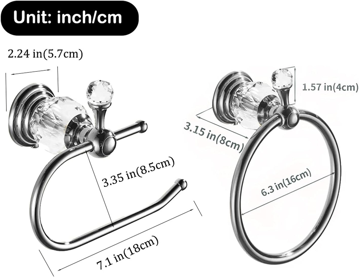 WOLIBEER Crystal Towel Hook, Chrome Towel Ring Toilet Paper Holder Hand Towel Holder Tissue Roll Paper Holder Towel Hanger Silver Bathroom Accessories 2 Pieces Wall Mounted