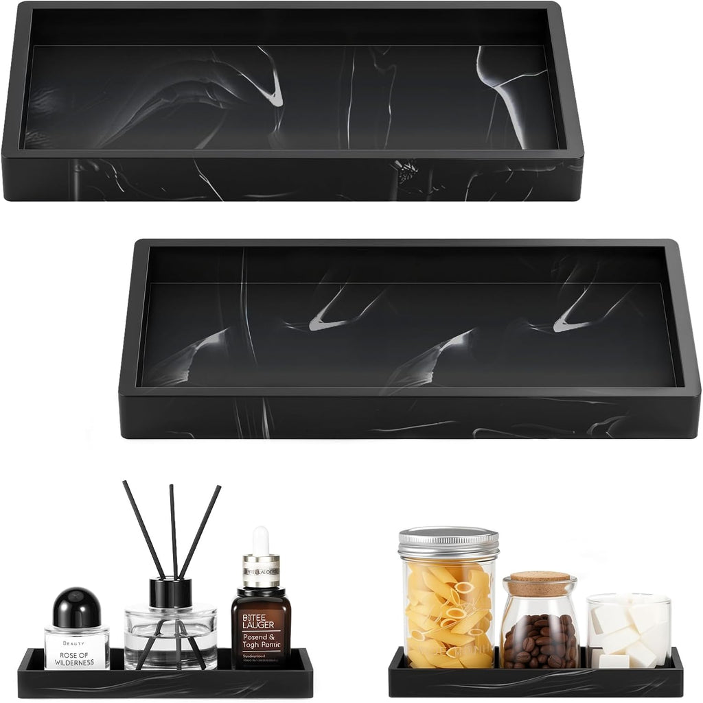 Luxspire 2 Pack Silicone Bathroom Tray 7.9" Vanity Tray, Marble Black