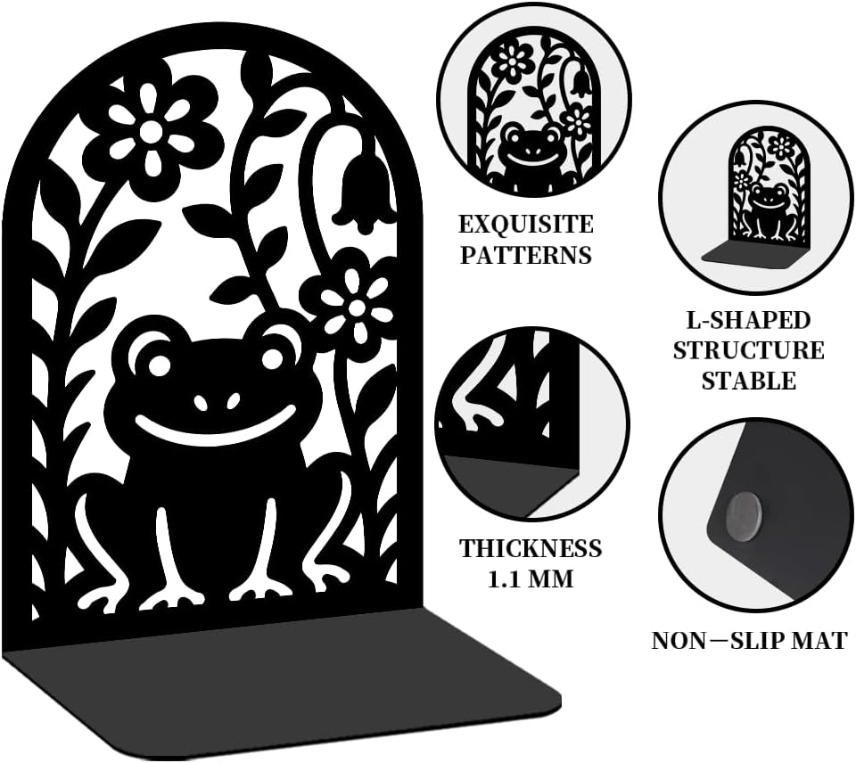 1 Pairs Cute Frog Metal Bookends, Heavy Duty Black Book Support, Modern Creative Books Organiser Stopper for Shelves Bookshelf Office Home Decor, Bookworms & Animal Lovers Gift