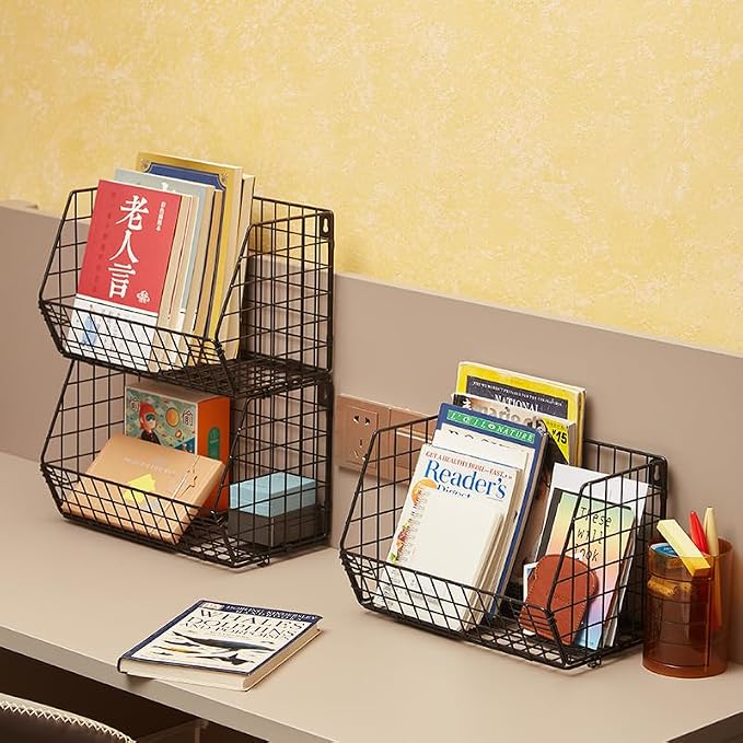 3 Tier Hanging Foldable Wire Baskets Closet Organizer Shelf with Clothes Storage Wall Mount or Countertop Caddy Bin for Clothing Handbags Snacks Drinks Fruits