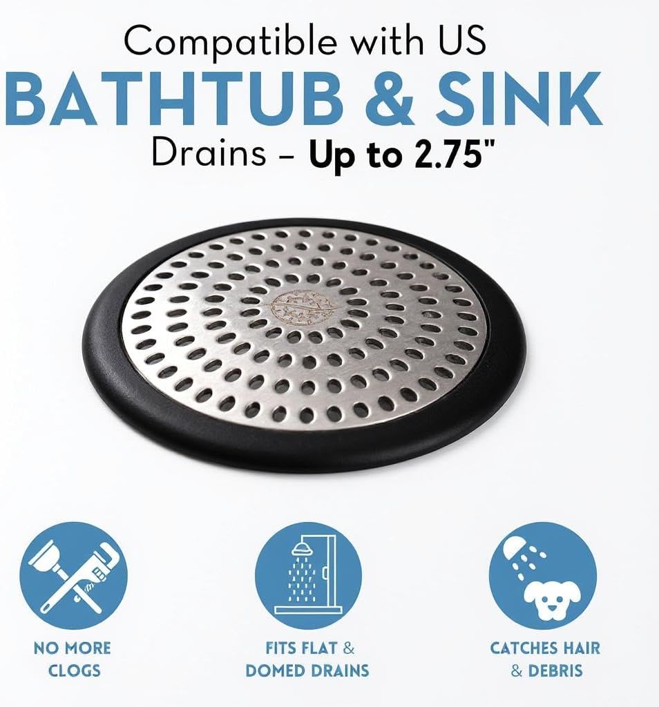 Drain Hair Catcher & Stopper Combo – Tub ShowerRing + StopRing Set for Bathtub & Sink | Stainless Steel Strainer + Silicone Drain Plug | Clog-Free, Universal Fit (Black, 2 Pack)