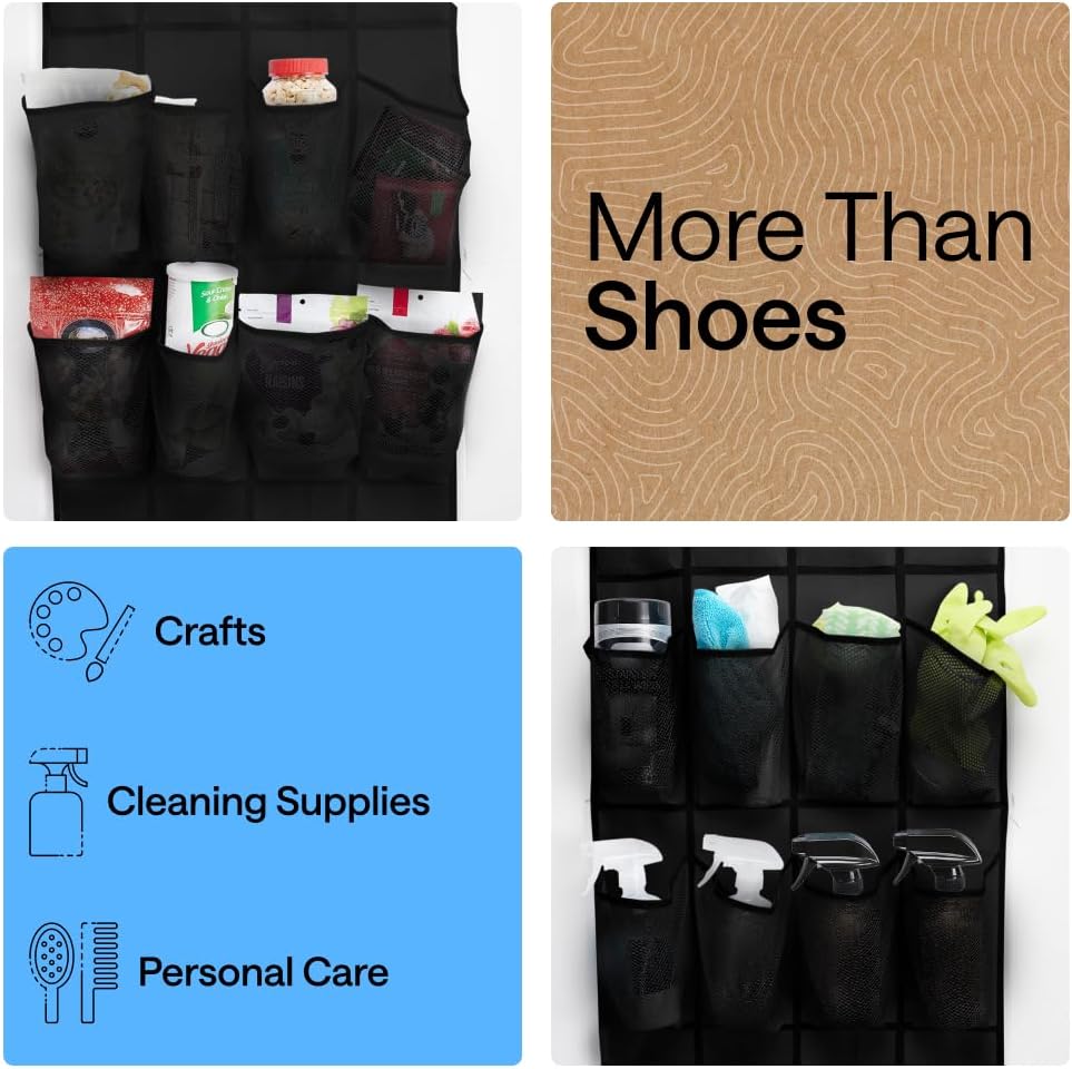 GORILLA GRIP Over the Door Shoe Organizer, 12 Large Pockets, Black