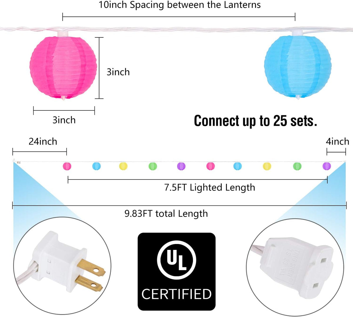 TIGOMOOV Lantern String Lights 9.83FT 3Inch UL Listed Lantern Lights for Bedroom, Colorful Mini Lanterns String Lights for Festive Decoration Patio,Home/Garden
