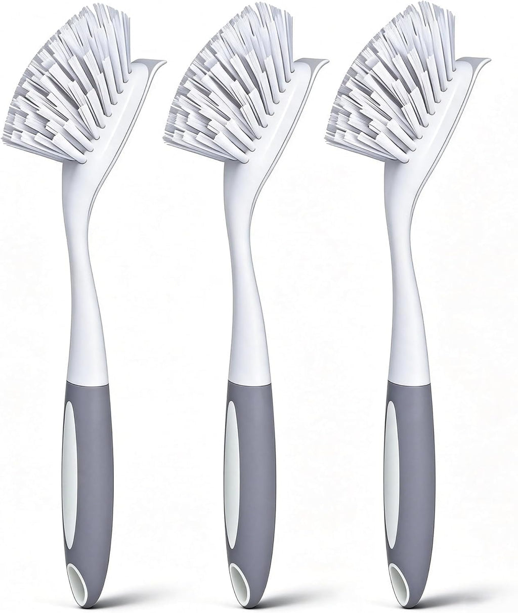 Dish Brush Scrub Brush with Handle - 3 Pack Stiff Bristles Dish Scrubber for Cleaning Dishes, Pots, Pans, Sink, Cast Iron - Hard Bristles,No Residue (Gray)