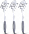 Dish Brush Scrub Brush with Handle - 3 Pack Stiff Bristles Dish Scrubber for Cleaning Dishes, Pots, Pans, Sink, Cast Iron - Hard Bristles,No Residue (Gray)