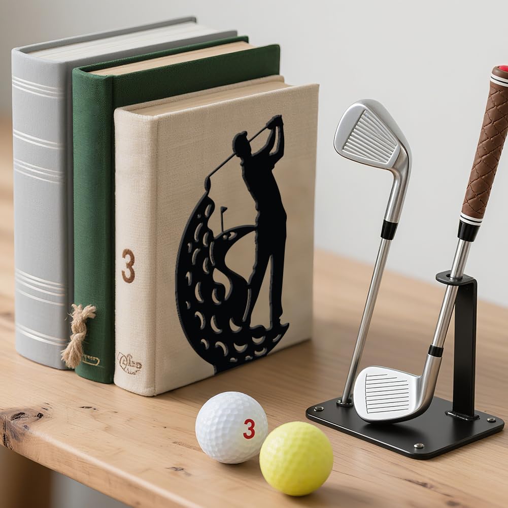 WADORN 1 Pair A People Playing Golf Metal Decorative Bookend for Shelves, Heavy Duty Book Ends Modern Non-Skid Books Holder Stand Black Book Support Stoppers for Office Desk Bookshelf, 5.3x4.3x7.8in