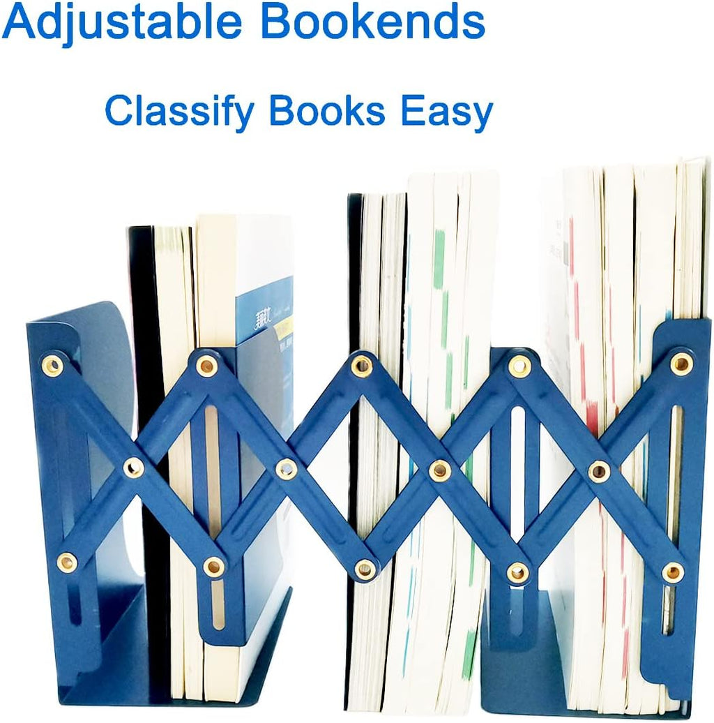 Metal Bookends for Heavy Books, Sturdy Book Stopper to Hold Books Heavy Duty, Adjustable Book Ends for Office & School (Blue)