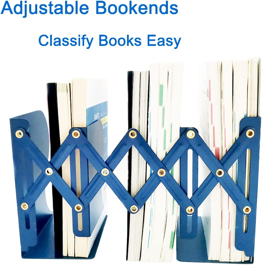 Metal Bookends for Heavy Books, Sturdy Book Stopper to Hold Books Heavy Duty, Adjustable Book Ends for Office & School (Blue)