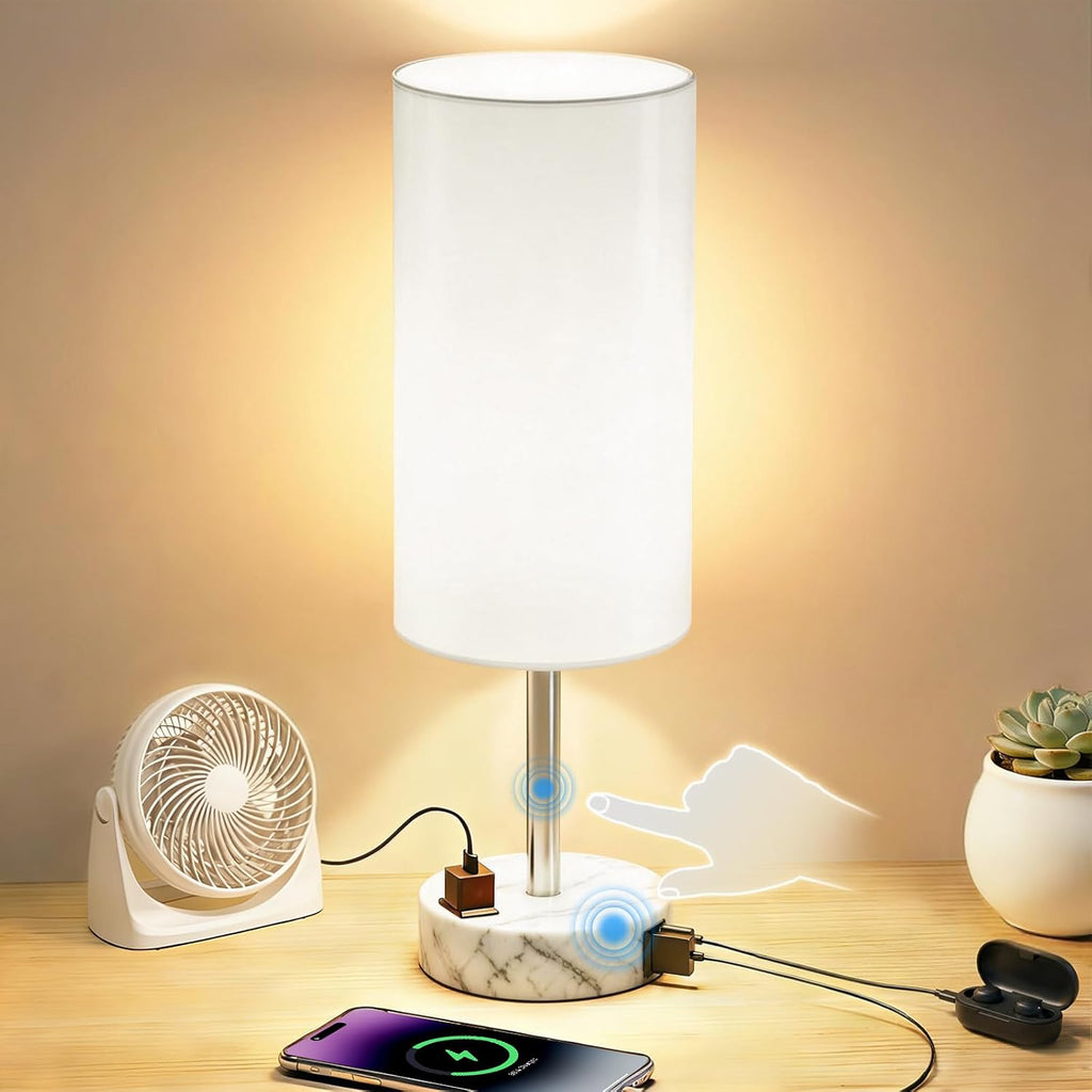 Table Lamp, Dimmable Touch, AC Outlet, USB A+C (White&Marble)