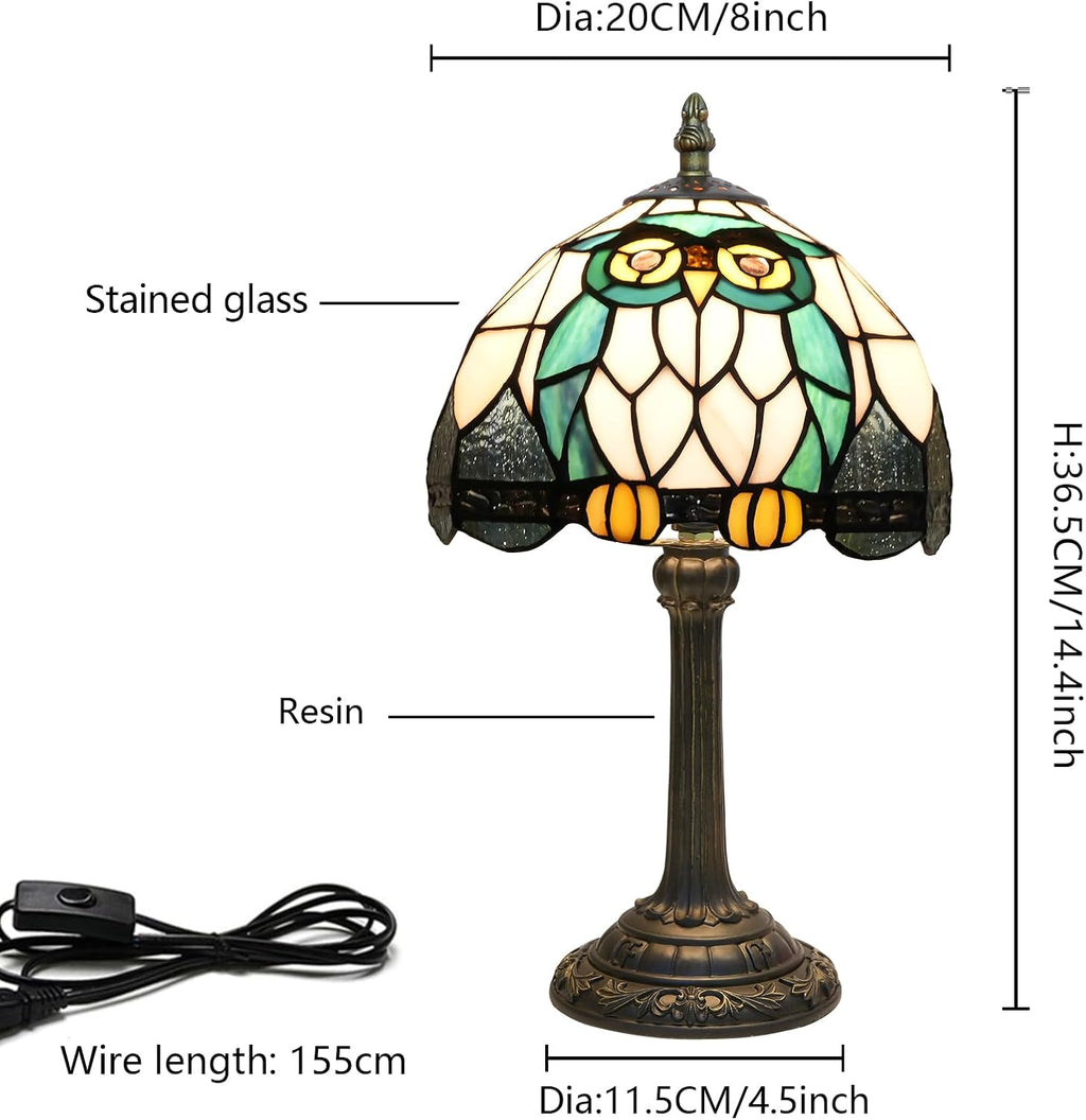 Tiffany Owl Animal Stained Glass Table Lamp Handmade Bedside Table Night Unique Cute Accent Nightstand Light Antique Art Craft Gifts Lamp for Home Office Dormitory Bar Decorate