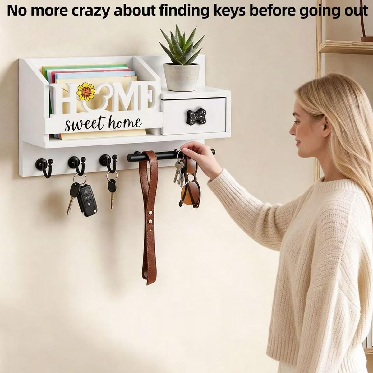AIRPOP Key Holder Wall Mount-Home Sign Mail and Key Organizer for wall with 3 Hooks and Storage Drawer, Easy Installation Key Rack Hanger for Entryway Living Room House Decor (White)