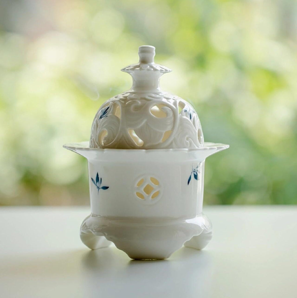 Handcrafted Ceramic Incense Burner (Hand-Painted Orchid), Three-Legged Incense Holder for Coil, Stick or Incense Seal, Elegant Chinese Incense Holder for Home Fragrance Decor