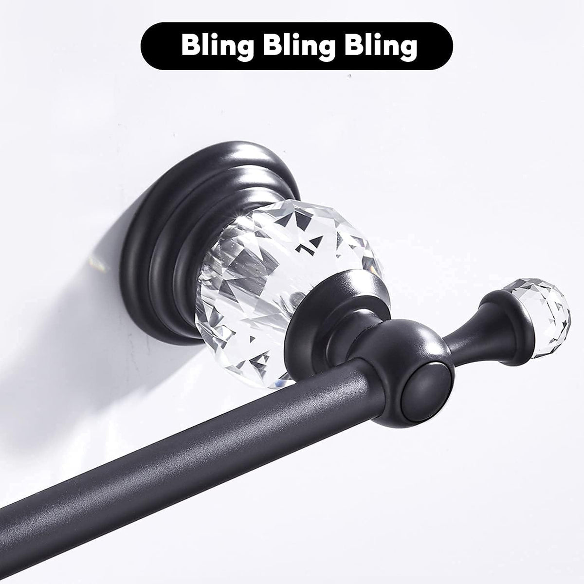 WINCASE Crystal Towel Bar, Black Adjustable Towel Rack, Single Hand Towel Holder Bathroom Shower Towel Rail Rod Modern Luxury Wall Mount Matte Black