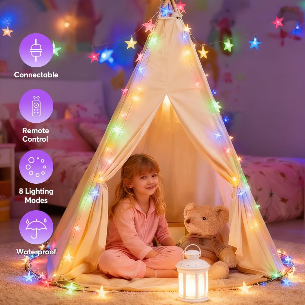 RaThun 65.6ft Star String Lights with Remote, Multicolor & Warm White