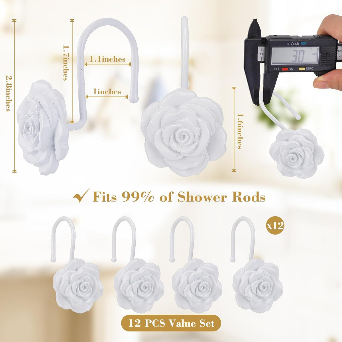 Metal Rose Shower Curtain Hooks, Rust-Resistant Hooks for Shower Curtain Rods, Set of 12, Beautiful Floral Rose Design Bathroom Decoration Hooks (White)
