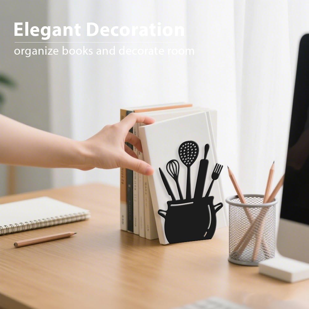 2pcs Large Kitchen Book Ends Spoon Decorative Cookbook Metal Bookends with Non-Slip Mat Cookbook Storage Books Stoppers Gift for Birthday(Black) Back to School