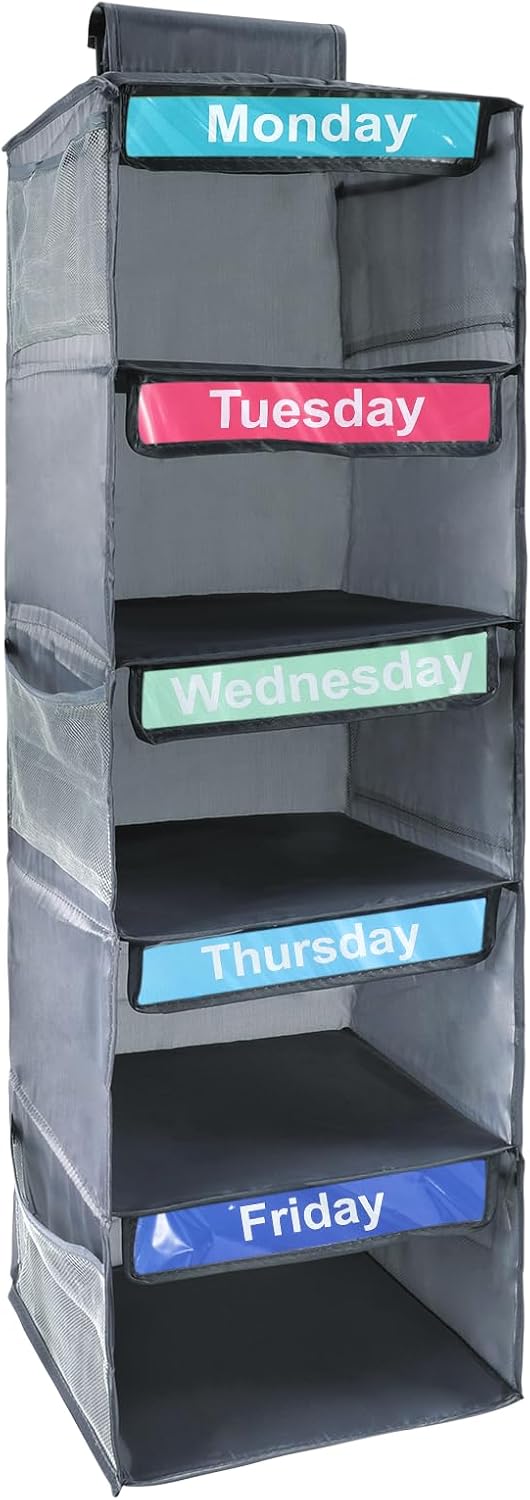 Weekly Clothes Organizer for Kids,Day of The Week Clothes Organizer,5-Shelf Hanging Closet Shelves,School Cloth Organizer Day of Week,Dorm Room Essential Daily Shelf Hanging Closet Organizer
