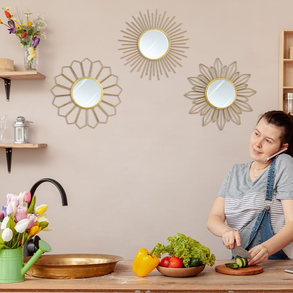hogardeck Metal Mirrors Wall Decor - 3 Pcs 11" Metal Sunburst Flower Wall Mirrors Home Décor, Decorative Hanging Wall Art for Living Room, Bedroom, Kitchen, Bathroom, Entryway