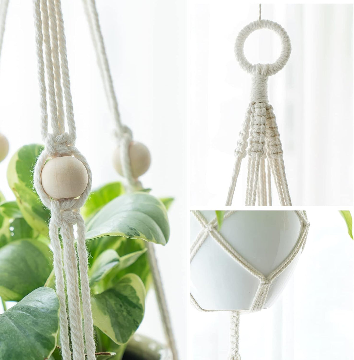 Mkono Macrame Double Plant Hanger Indoor Outdoor 2 Tier Hanging Planter Basket Cotton Rope with Beads 4 Legs 49 Inches (Pack of 3)