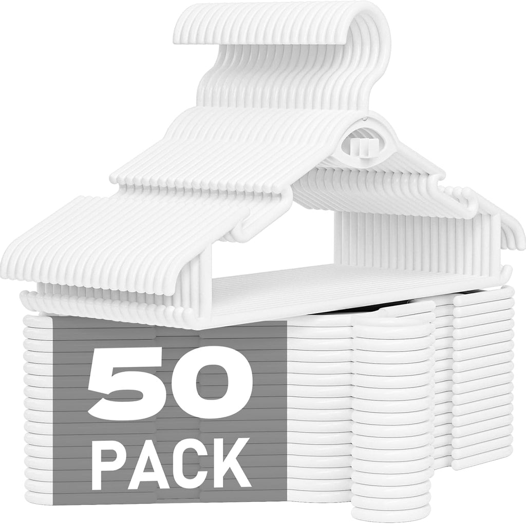 Heavy Duty Plastic Hangers 50 Pack, Stackable Space Saving, White