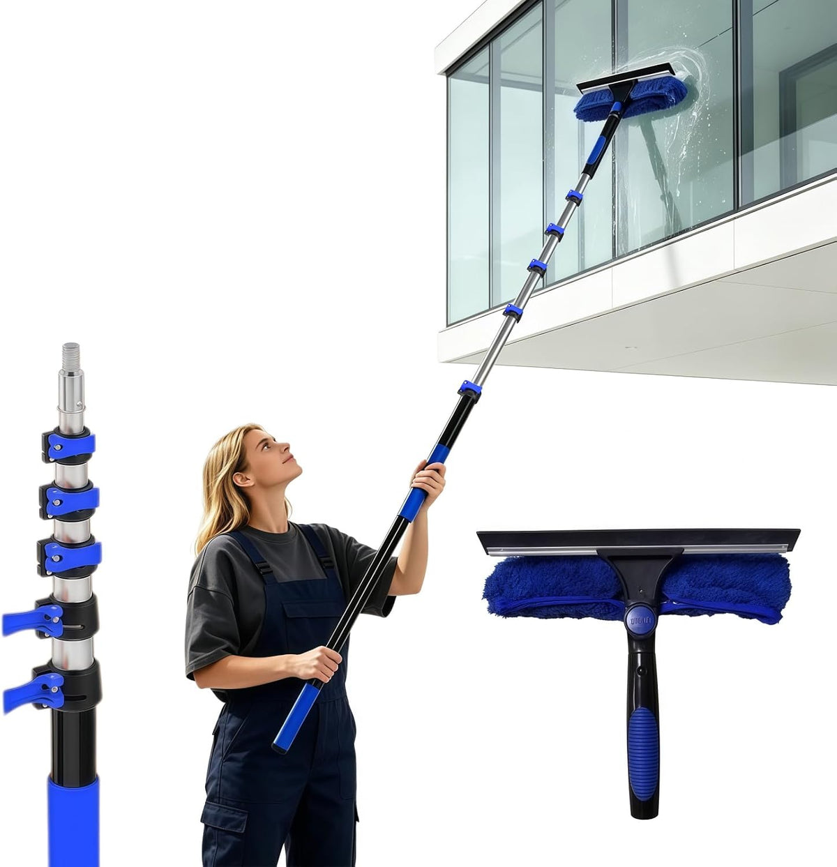 30FT Reach Window Squeegee Kit with Extension Pole, 2-in-1 Window Squeegee