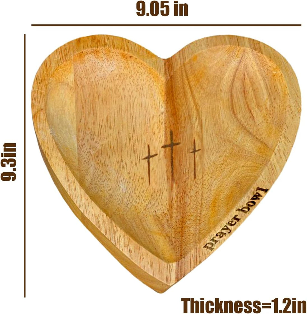 Heart Shaped Prayer Bowl with 24 Cards - Wooden Religious Dough Bowl with Cross for Christian Congregation Gifts