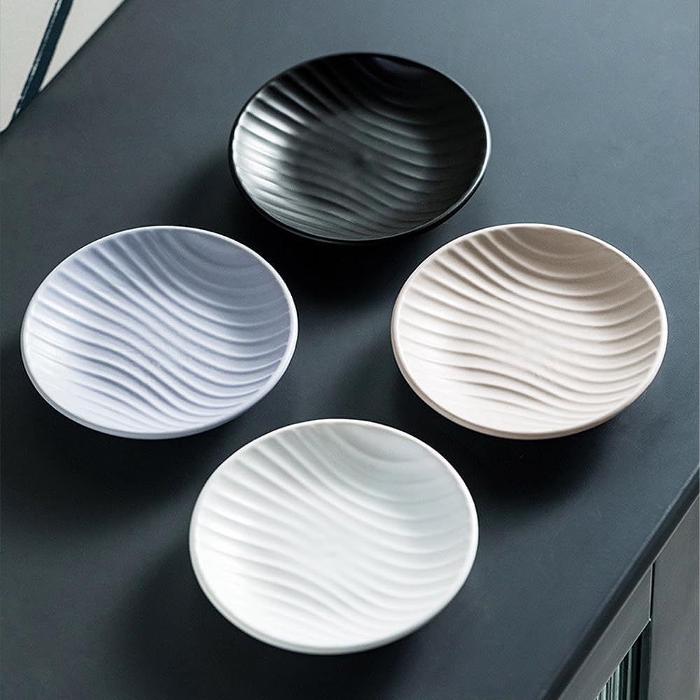Chic Round Soap Dish, Modern Minimalist Striped Ceramic Tray(White)