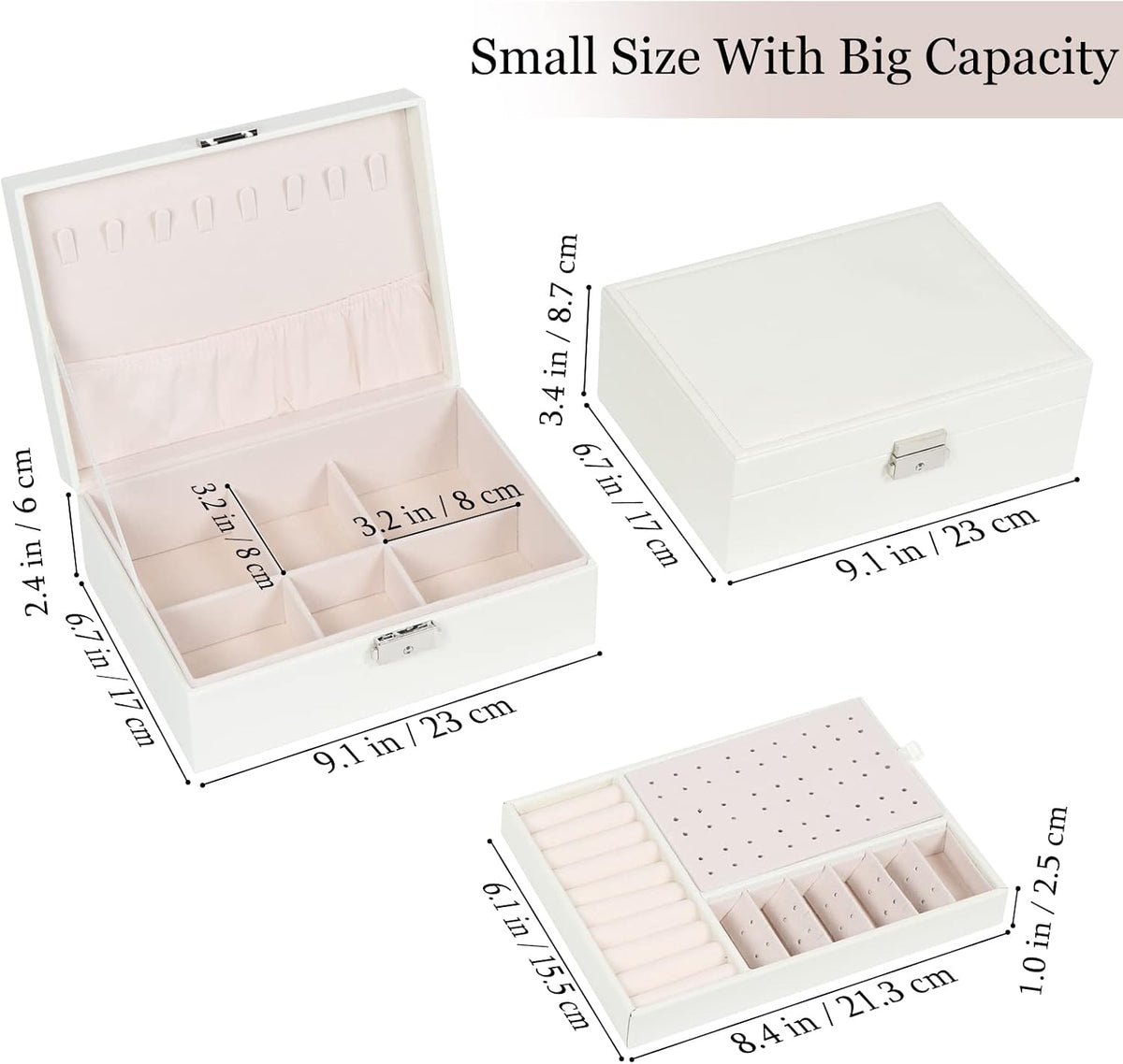 Jewelry Box for Women Girls, 2 Layers Jewelry Organizer Container with Lock, PU Leather Storage Case with Removable Tray, Jewelry Display Box for Necklaces Earrings Bracelets Rings Watches - White