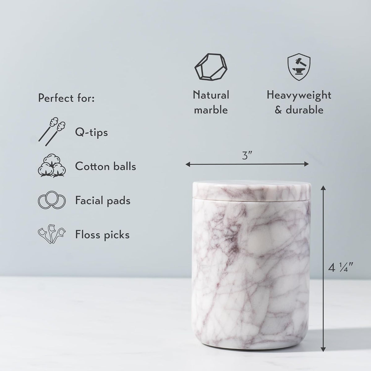 Cork & Mill Marble Bathroom Canister with Lid for Qtips and Swabs