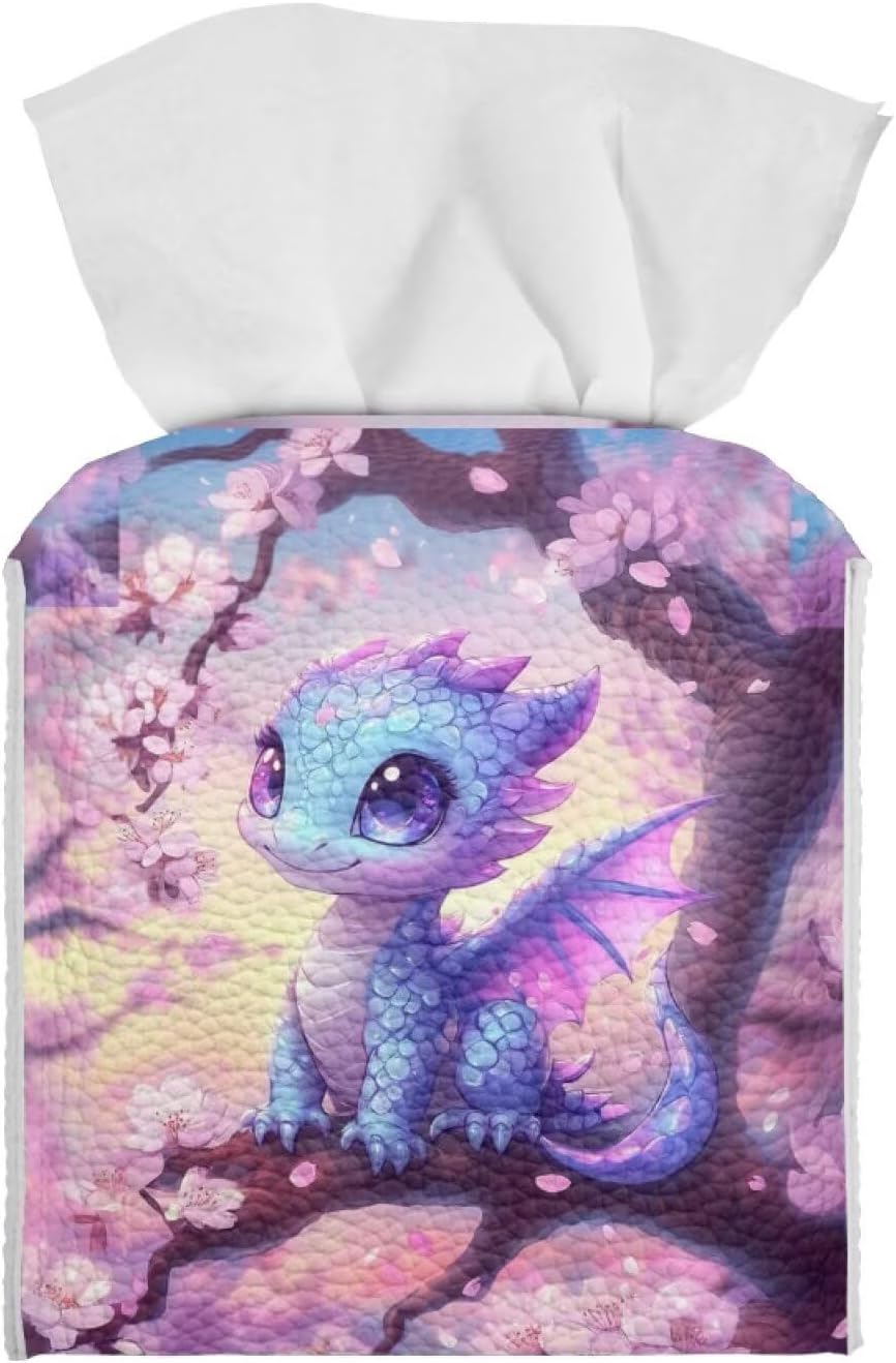 Dragon Cherry Blossom Tissue Box Cover 5.1x5.1x5.1'' Tissue Holder Napkin Dispenser for Home Office Car, Pu Leather Square Napkin Facial Paper Holder Organizer