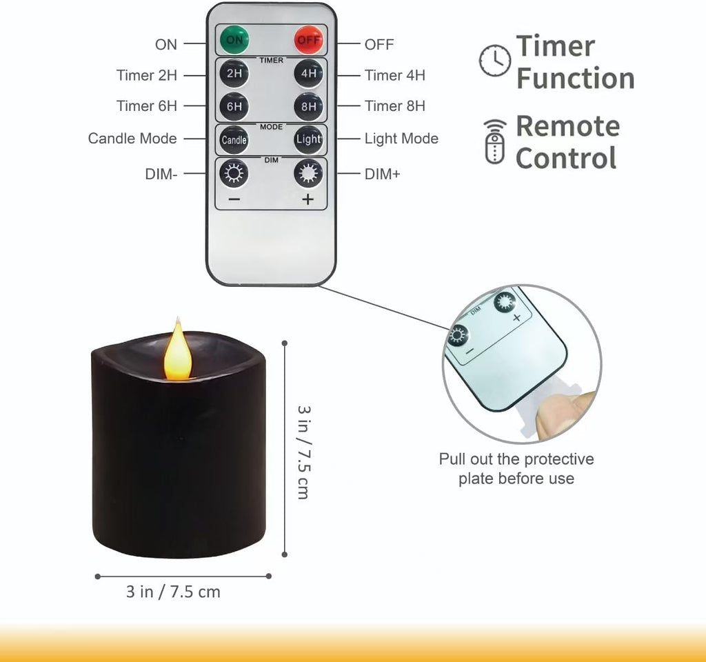 Black Flameless LED Candles 3 inch Diameter Real Wax 2AA Battery Operated 600hr+ Flickering Candles with Timer Remote Control for Halloween Thanksgiving Christmas Indoor (Black, 3″×3″- 2 PCS)