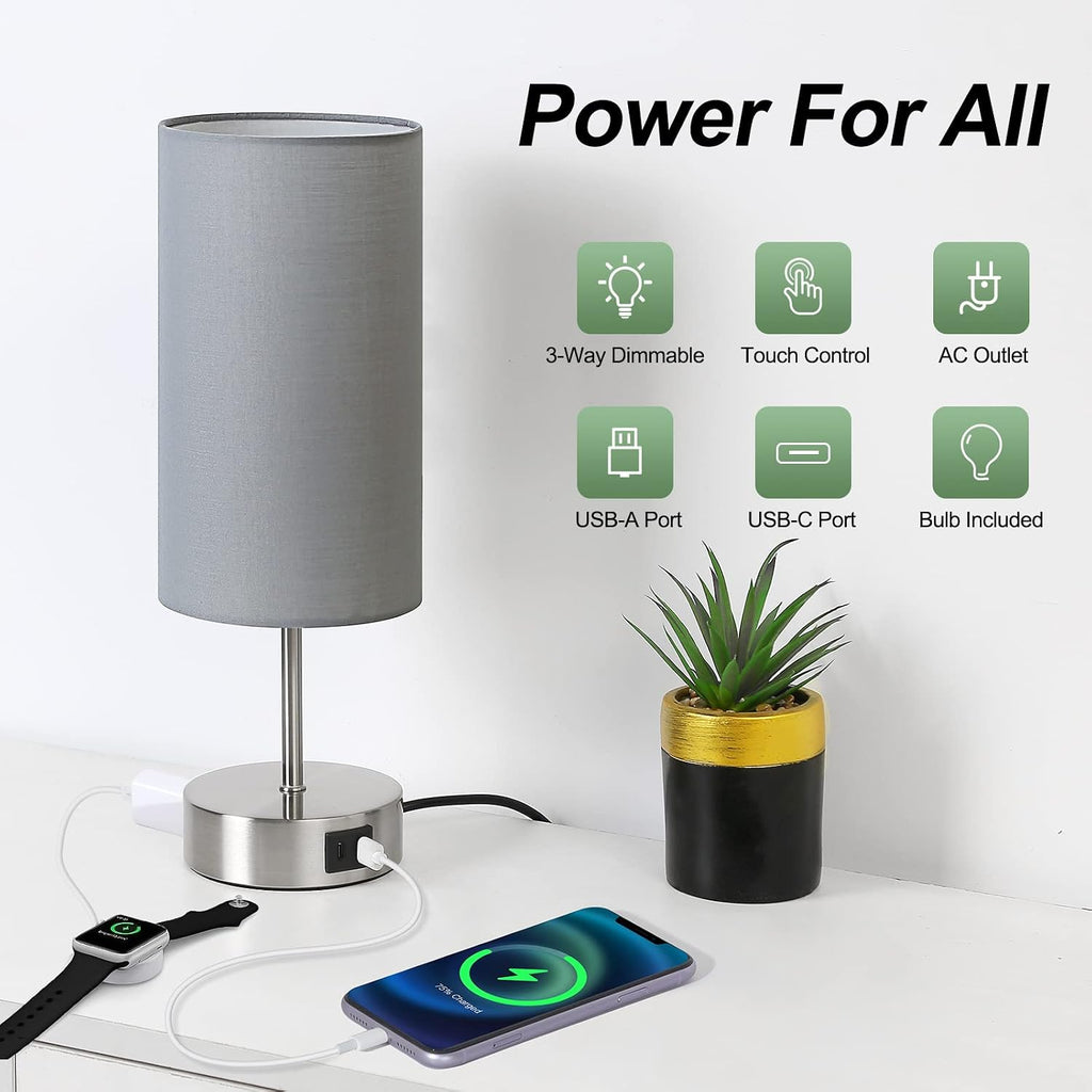 Yarra-Decor 【Upgraded Bedside Lamp with USB A+C Charging Ports & AC Outlet Touch Control Table Lamp for Bedroom 3 Way Dimmable Nightstand Lamp with Grey Shade for Home Office, Dorm(Bulb Included)