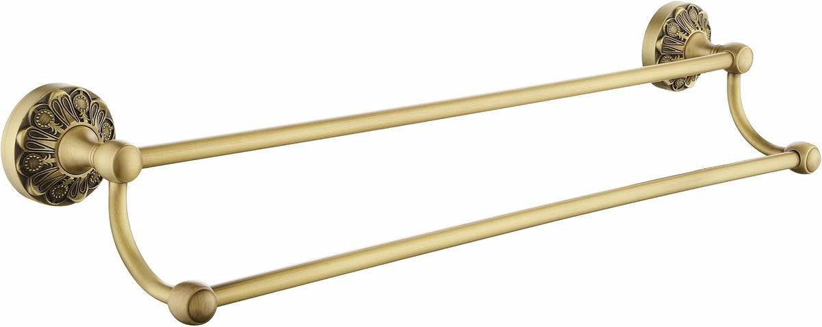 Antique Brass Double Towel Bar, 24 inch Bath Towel Holder Wall Mount, Vintage Gold Decorative Bathroom Accessories, Brass Petal-Relief Series