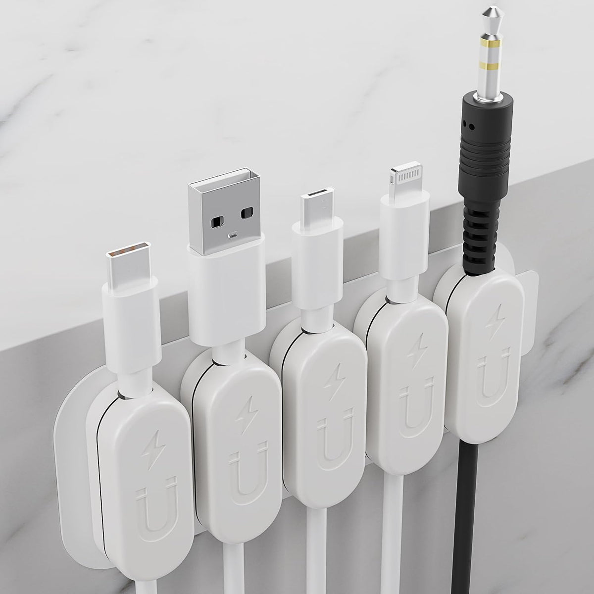 Magnetic Cable Clips, Adhesive Cable Clips, Cord Organizer, White, 5 Pack