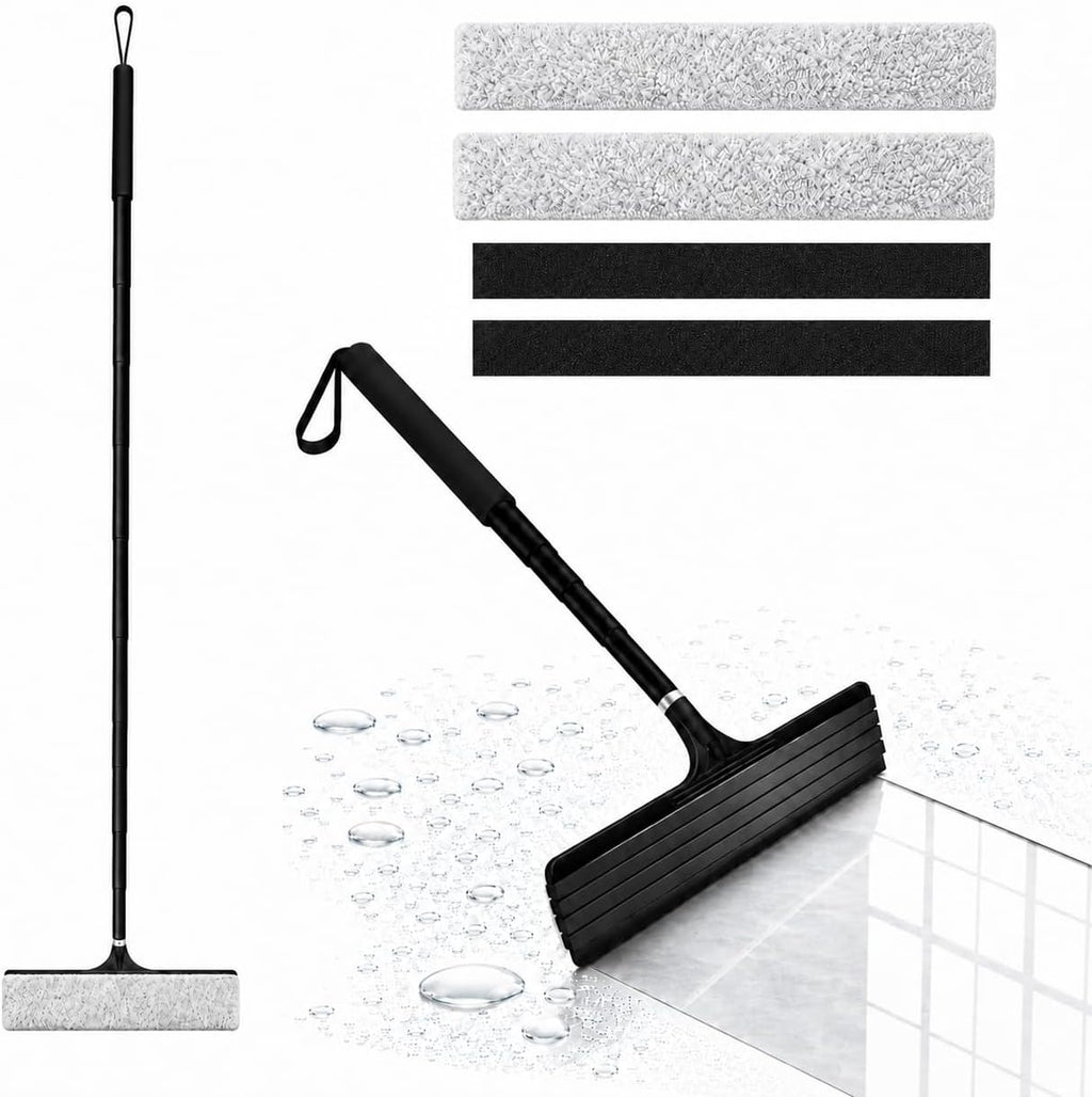 2 in 1 Window Squeegee with Adjustable Telescopic Pole, Shower Glass Squeegee for Indoor Outdoor Windows, Glass Doors, Shower Stalls, Car Windshield, Bathroom Tiles and Hard Floors
