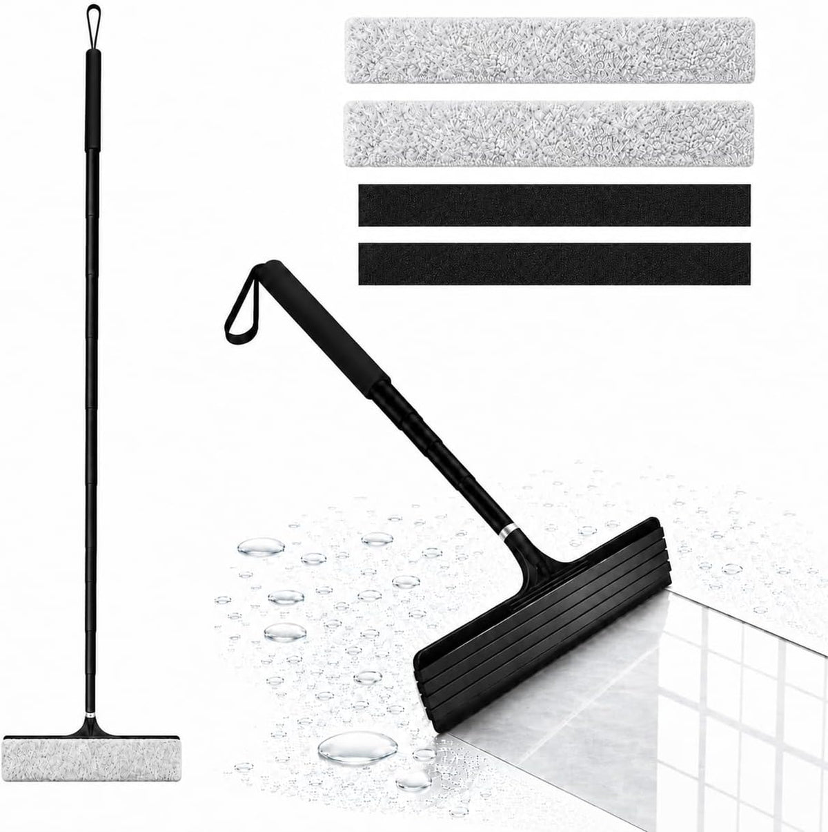 2 in 1 Window Squeegee with Adjustable Telescopic Pole, Shower Glass Squeegee for Indoor Outdoor Windows, Glass Doors, Shower Stalls, Car Windshield, Bathroom Tiles and Hard Floors