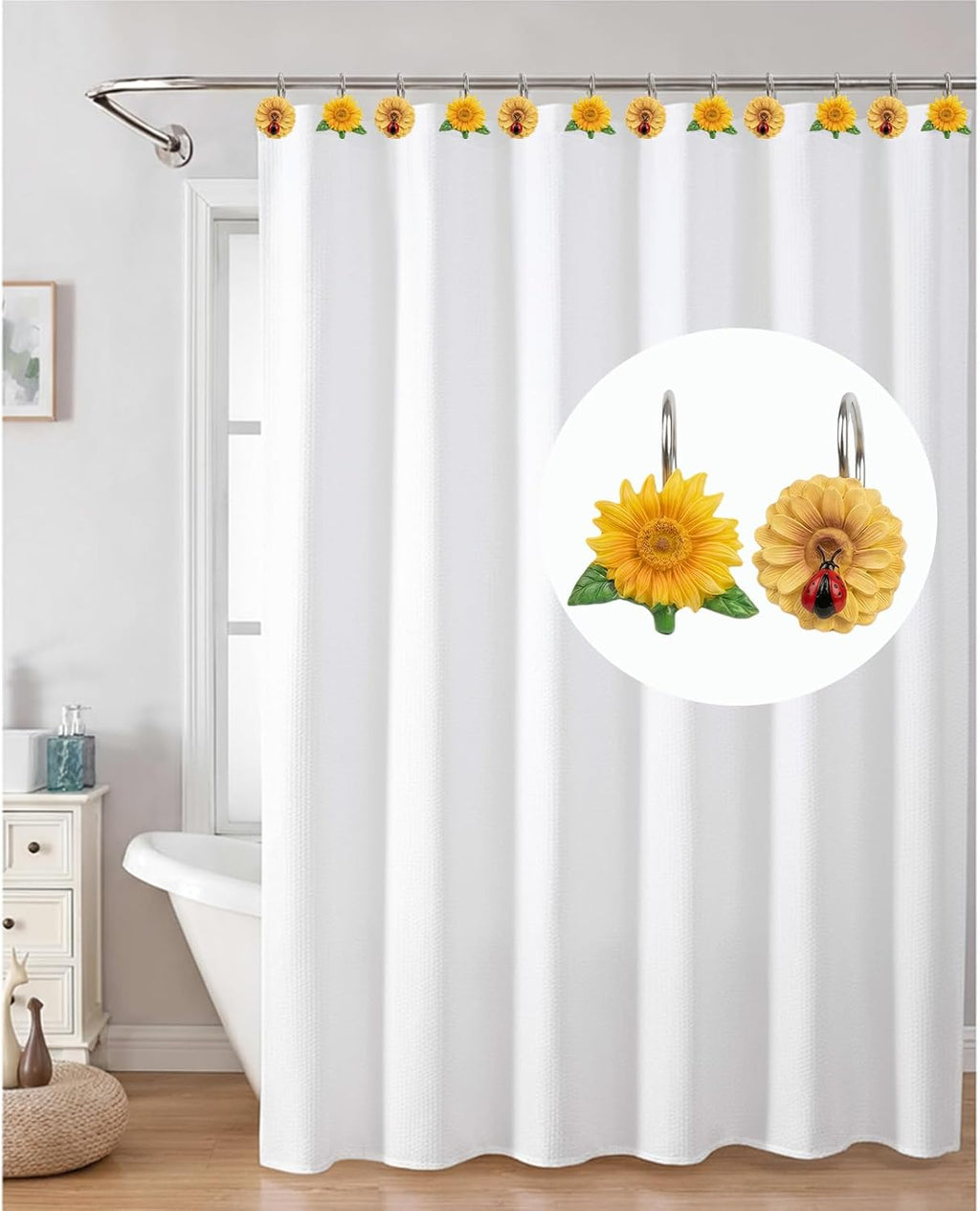 12PCS Sunflower Shower Curtain Hooks, Yellow Floral Ladybug Decorative Curtain Hanger, Metal Rustproof Shower Curtain Rod Ring for Bathroom Décor