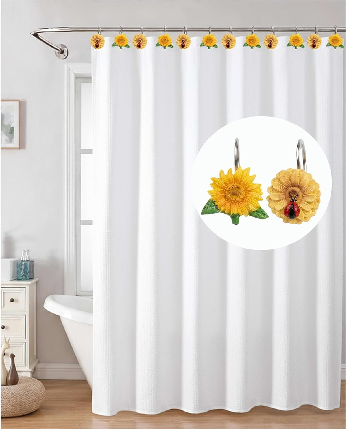 12PCS Sunflower Shower Curtain Hooks, Yellow Floral Ladybug Decorative Curtain Hanger, Metal Rustproof Shower Curtain Rod Ring for Bathroom Décor