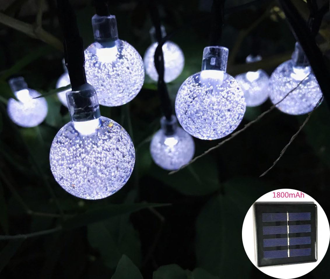 Solar String Lights Outdoor, 20ft Waterproof 30 LEDs 8 Modes Crystal Globe Solar String Fairy Lights Backyard Patio Christmas Lights for Holiday Party Gardens Backyard Wedding (White)